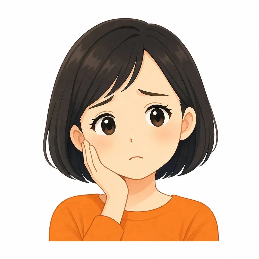 頬に手を当てて悩む母親（オレンジの服）