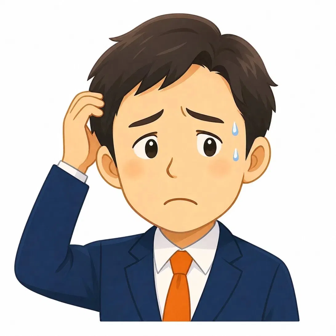 頭をかいて困る父親（スーツ）